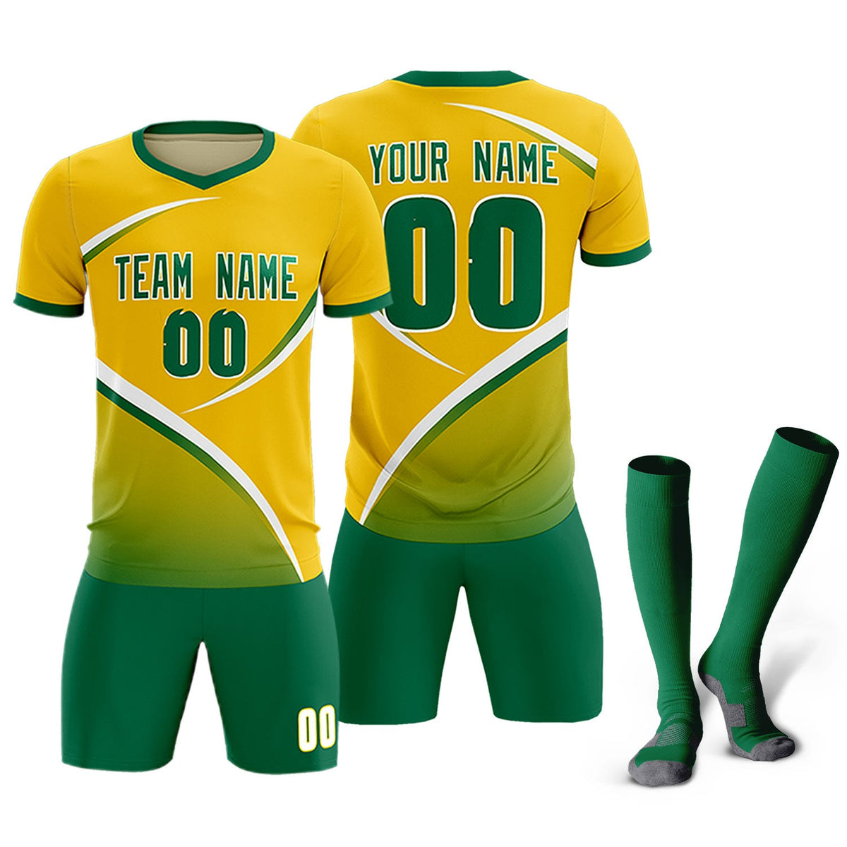 Custom Gold Kelly Green Color Block Training Uniform For Men Soccer Sets Jersey