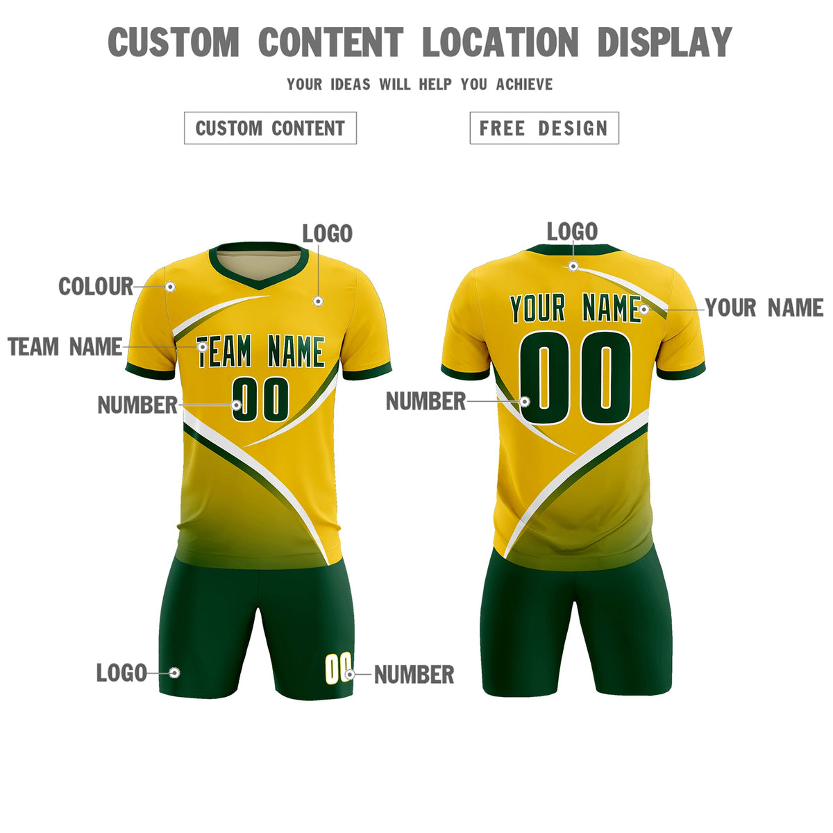 Custom Gold Green Color Block Training Uniform For Men Soccer Sets Jersey