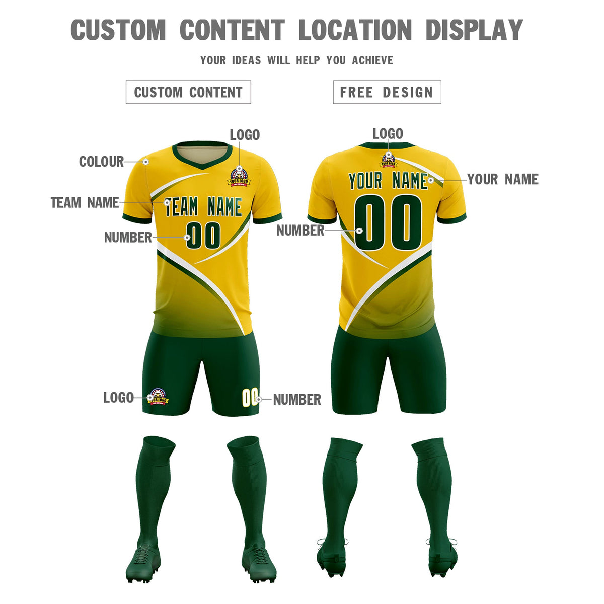 Custom Gold Green Color Block Training Uniform For Men Soccer Sets Jersey