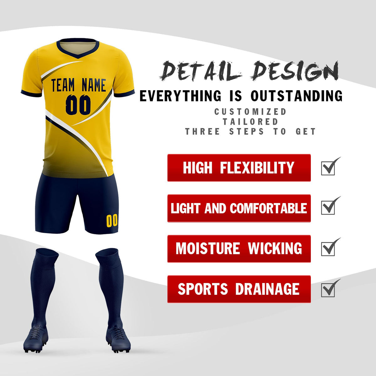 Custom Gold Navy Color Block Training Uniform For Men Soccer Sets Jersey