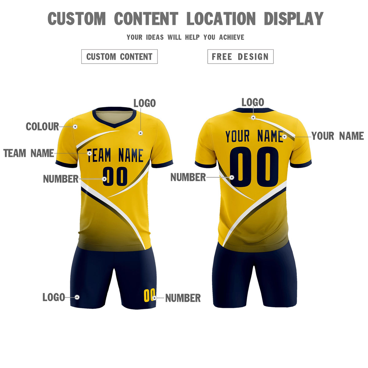 Custom Gold Navy Color Block Training Uniform For Men Soccer Sets Jersey