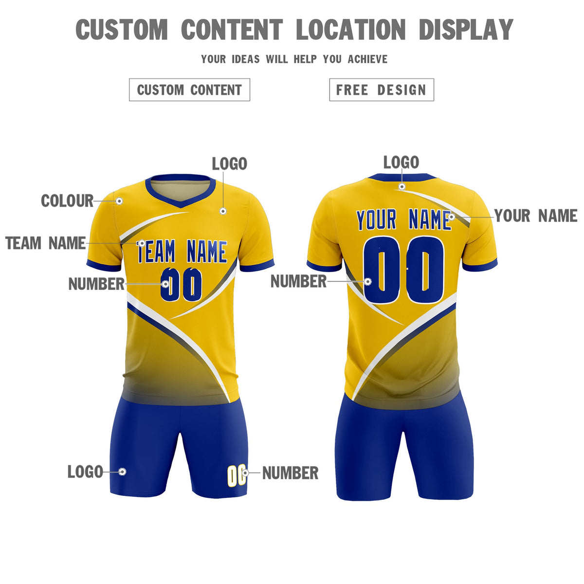 Custom Gold Royal Color Block Training Uniform For Men Soccer Sets Jersey