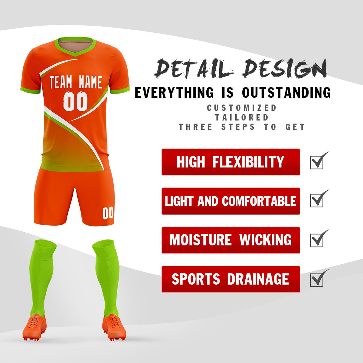 Custom Orange Neon Green Color Block Training Uniform For Men Soccer Sets Jersey