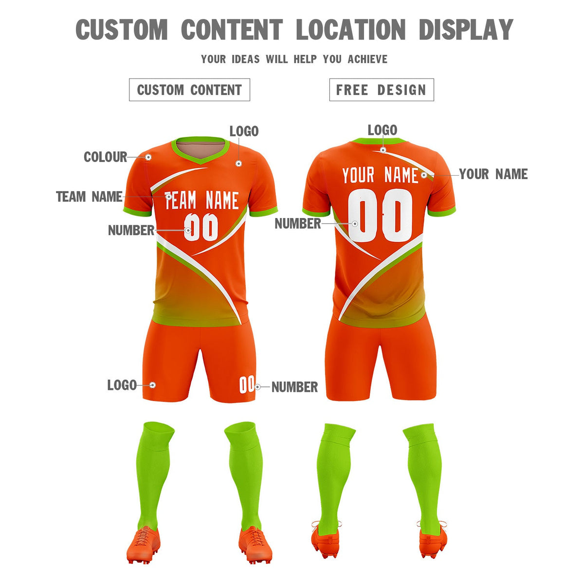Custom Orange Neon Green Color Block Training Uniform For Men Soccer Sets Jersey