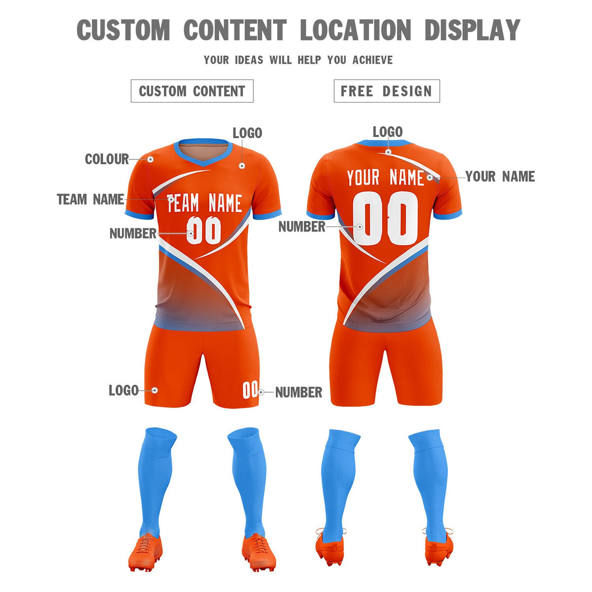 Custom Orange Powder Blue Color Block Training Uniform For Men Soccer Sets Jersey