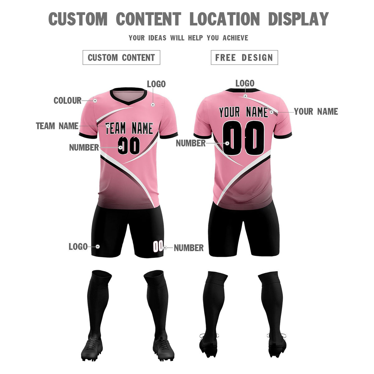 Custom Light Pink Black Color Block Training Uniform For Men Soccer Sets Jersey