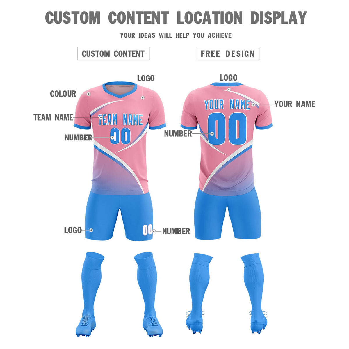Custom Light Pink Powder Blue Color Block Training Uniform For Men Soccer Sets Jersey