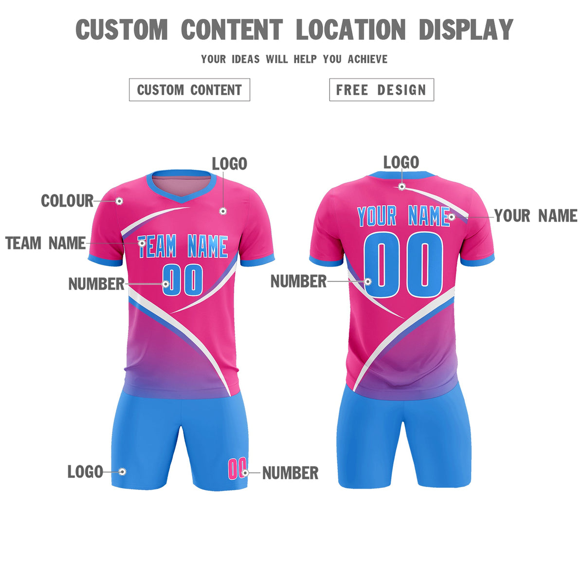 Custom Pink Powder Blue Color Block Training Uniform For Men Soccer Sets Jersey