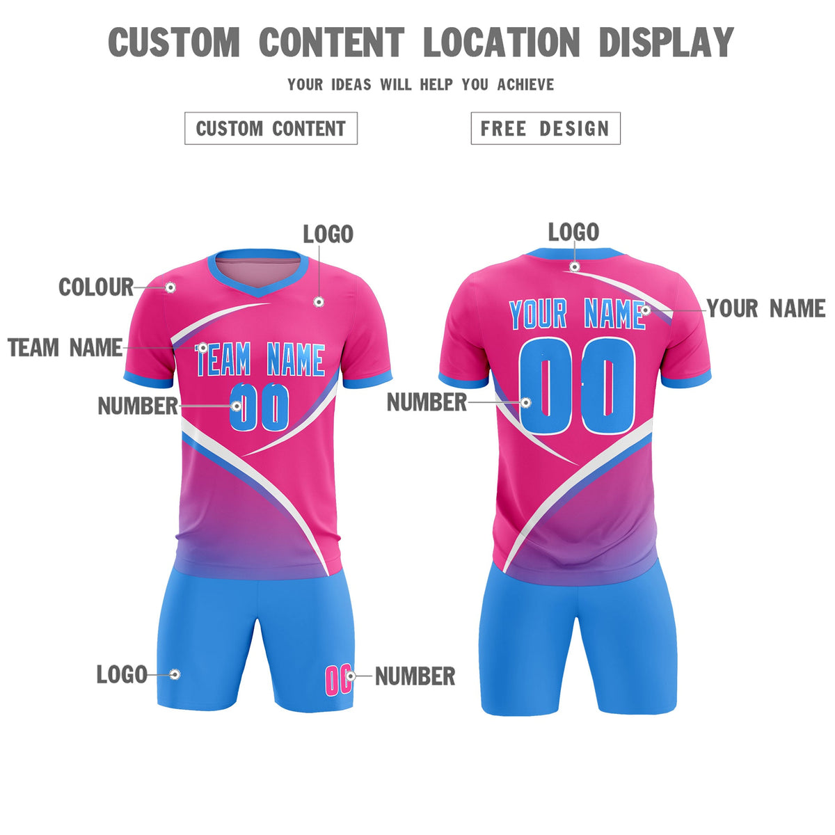 Custom Pink Powder Blue Color Block Training Uniform For Men Soccer Sets Jersey