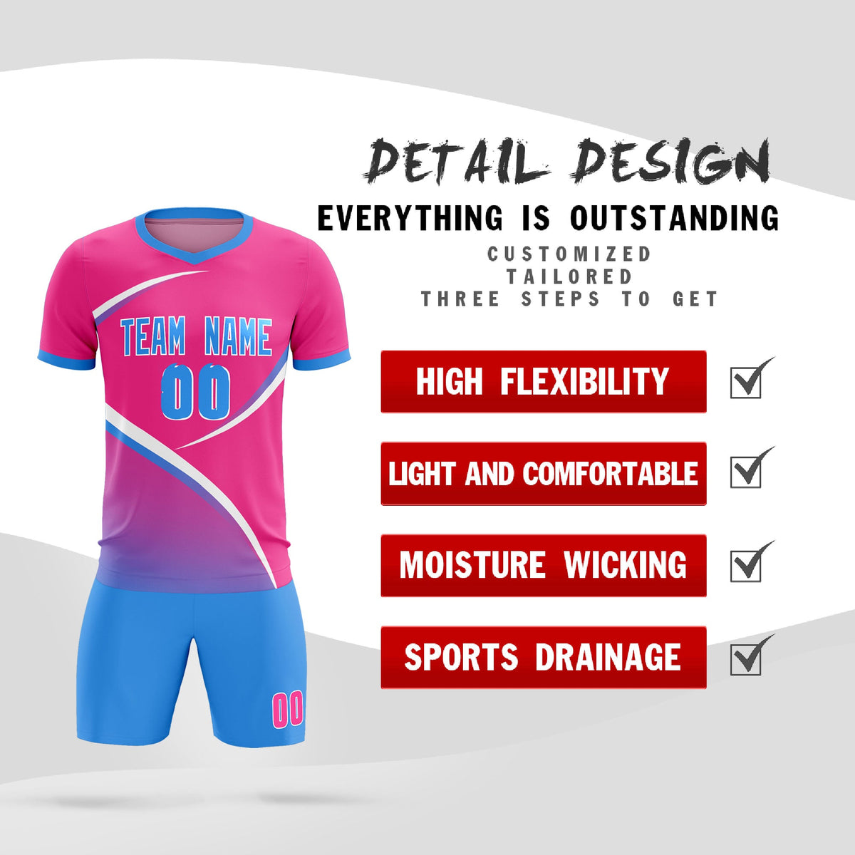 Custom Pink Powder Blue Color Block Training Uniform For Men Soccer Sets Jersey