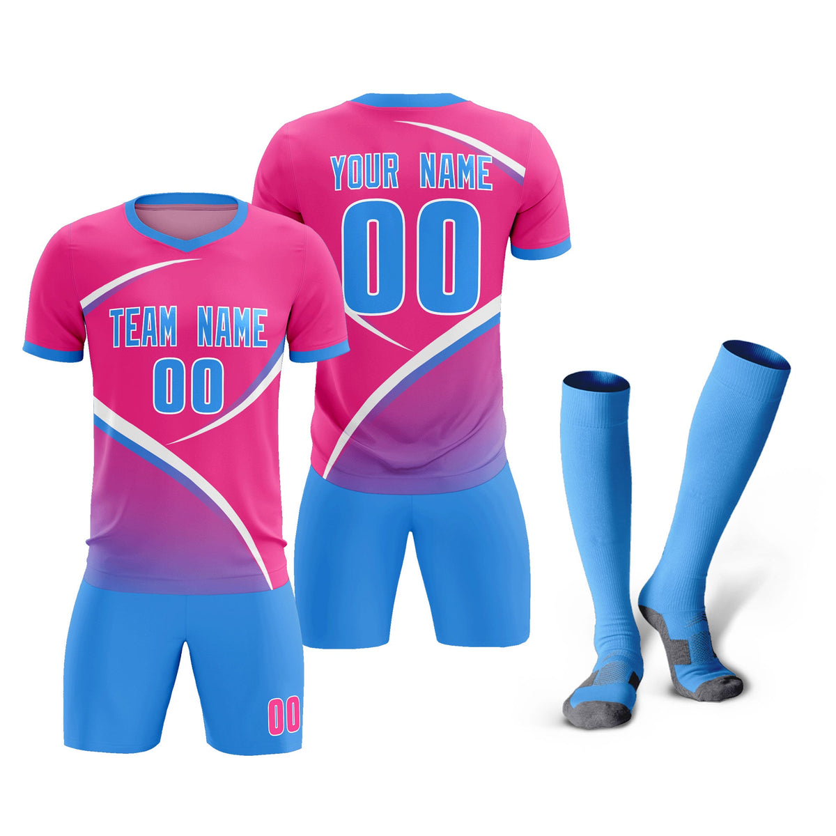 Custom Pink Powder Blue Color Block Training Uniform For Men Soccer Sets Jersey