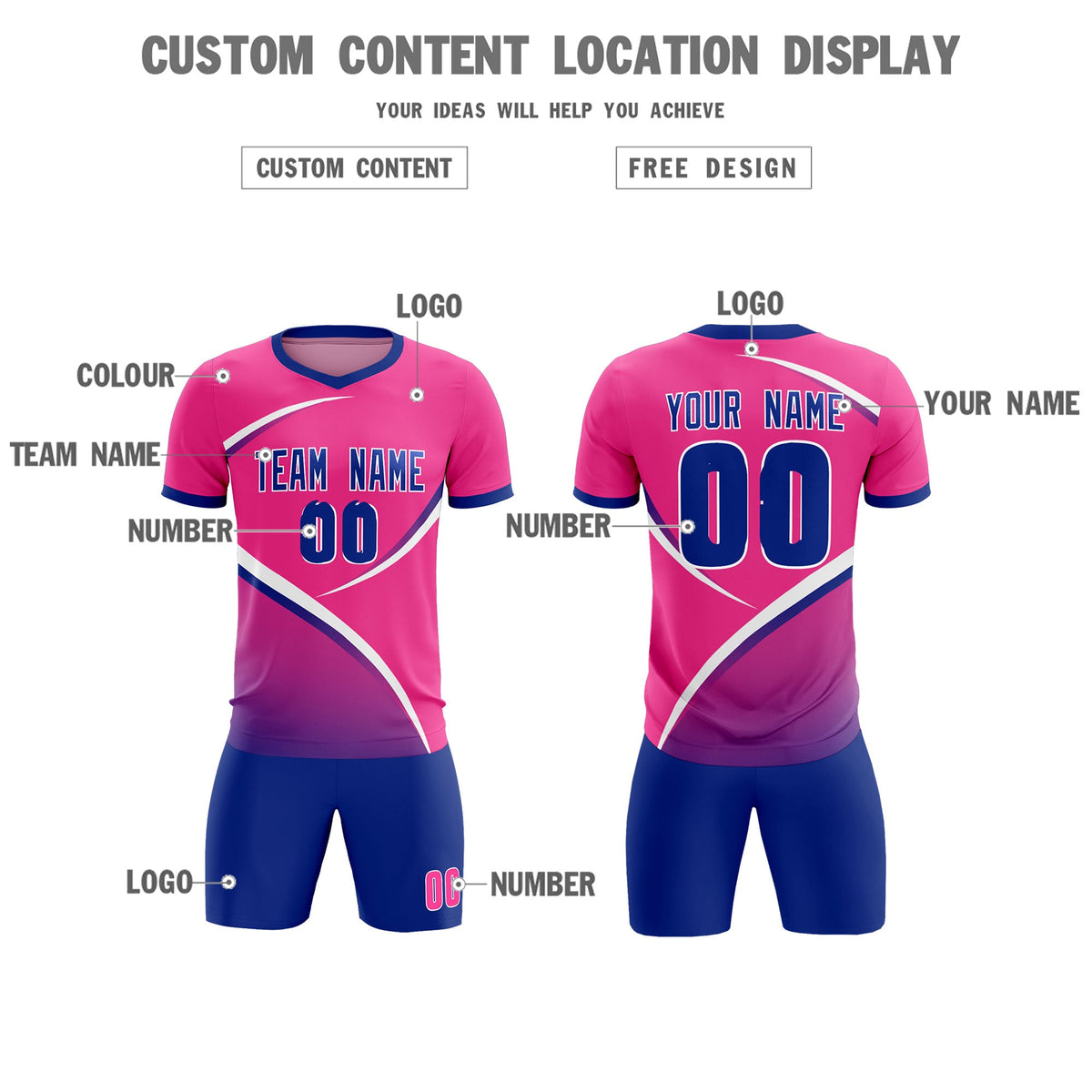 Custom Pink Royal Color Block Training Uniform For Men Soccer Sets Jersey