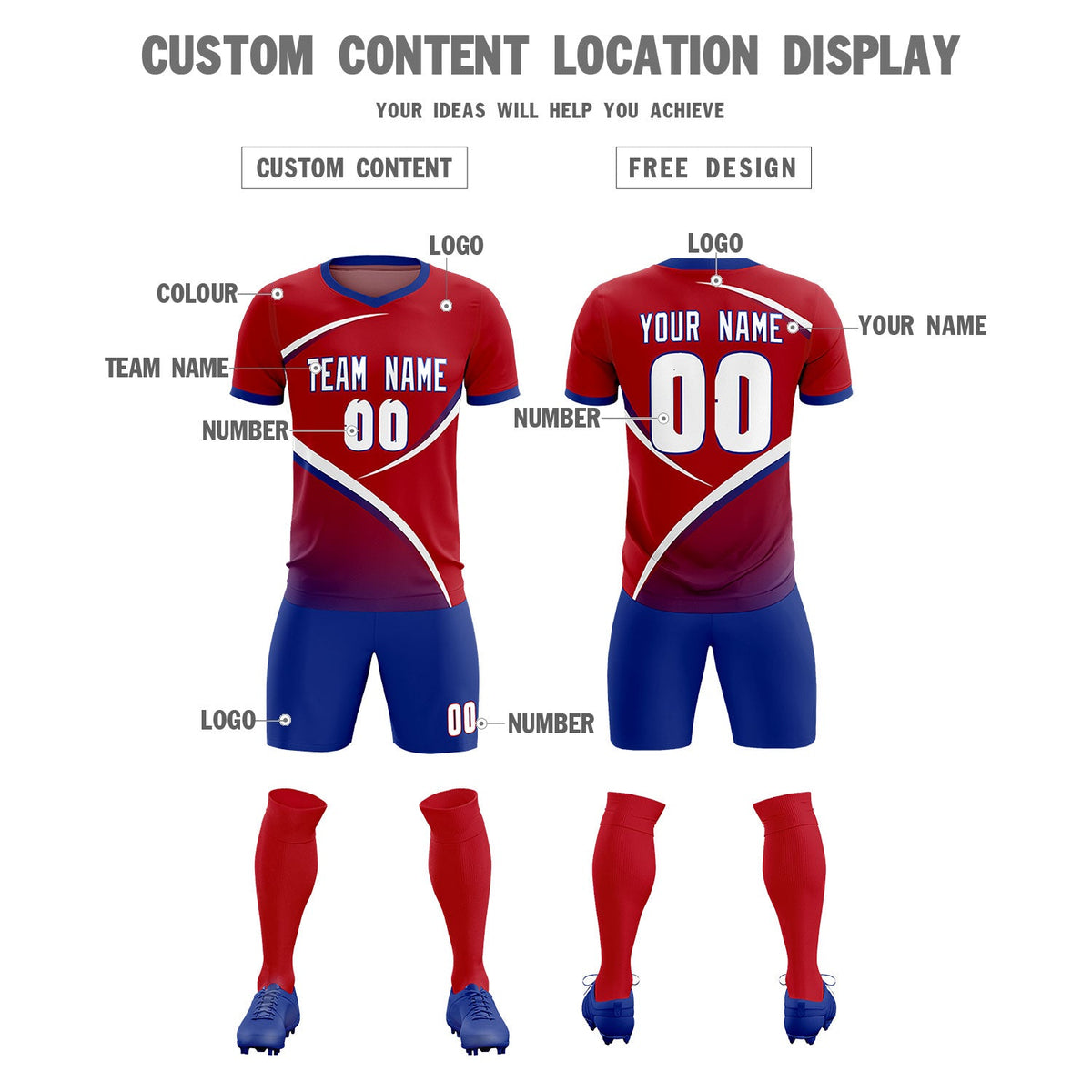 Custom Red Royal Color Block Training Uniform For Men Soccer Sets Jersey