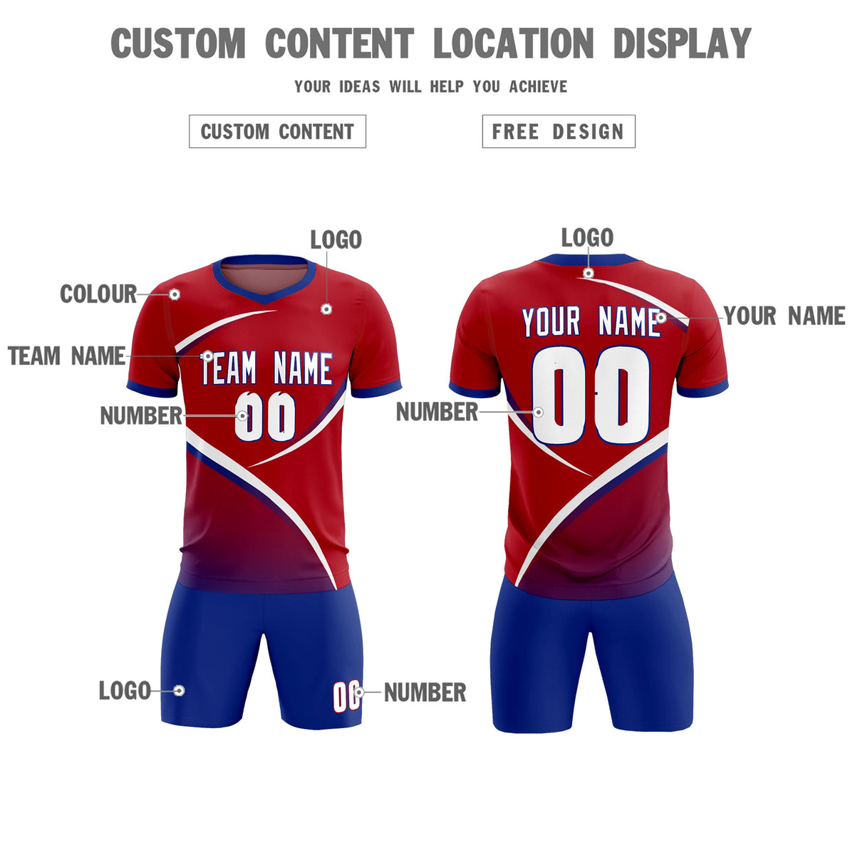 Custom Red Royal Color Block Training Uniform For Men Soccer Sets Jersey
