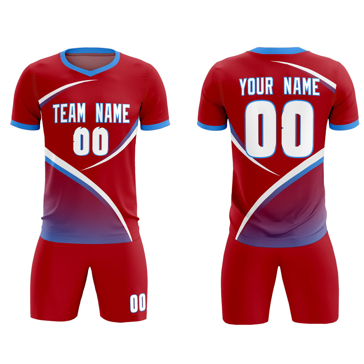Custom Red Powder Blue Color Block Training Uniform For Men Soccer Sets Jersey