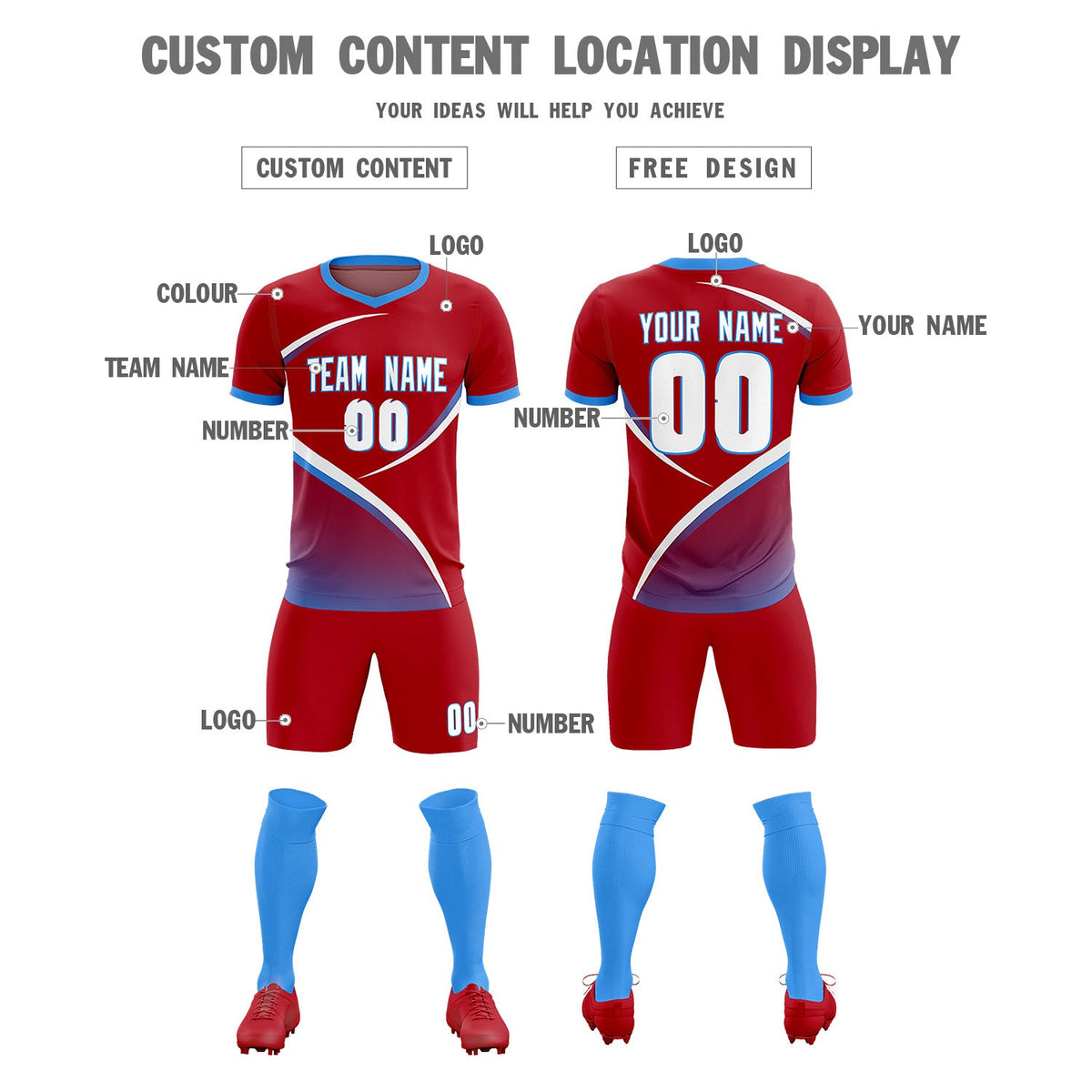 Custom Red Powder Blue Color Block Training Uniform For Men Soccer Sets Jersey