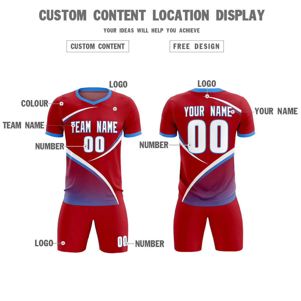 Custom Red Powder Blue Color Block Training Uniform For Men Soccer Sets Jersey