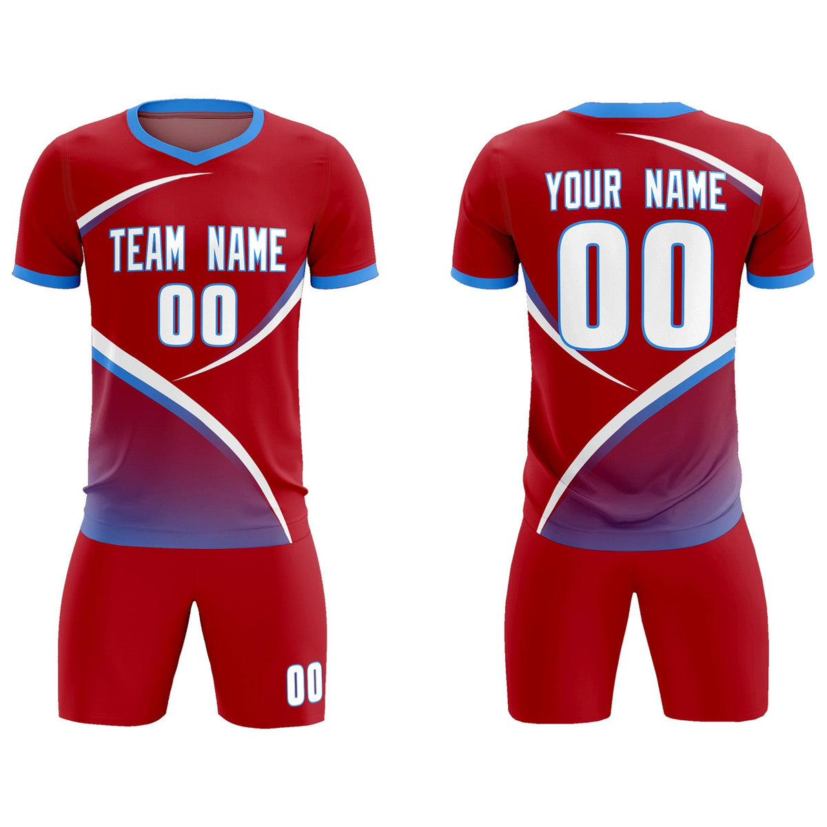 Custom Red Powder Blue Color Block Training Uniform For Men Soccer Sets Jersey