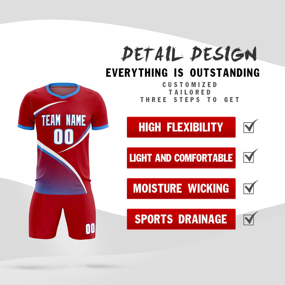 Custom Red Powder Blue Color Block Training Uniform For Men Soccer Sets Jersey
