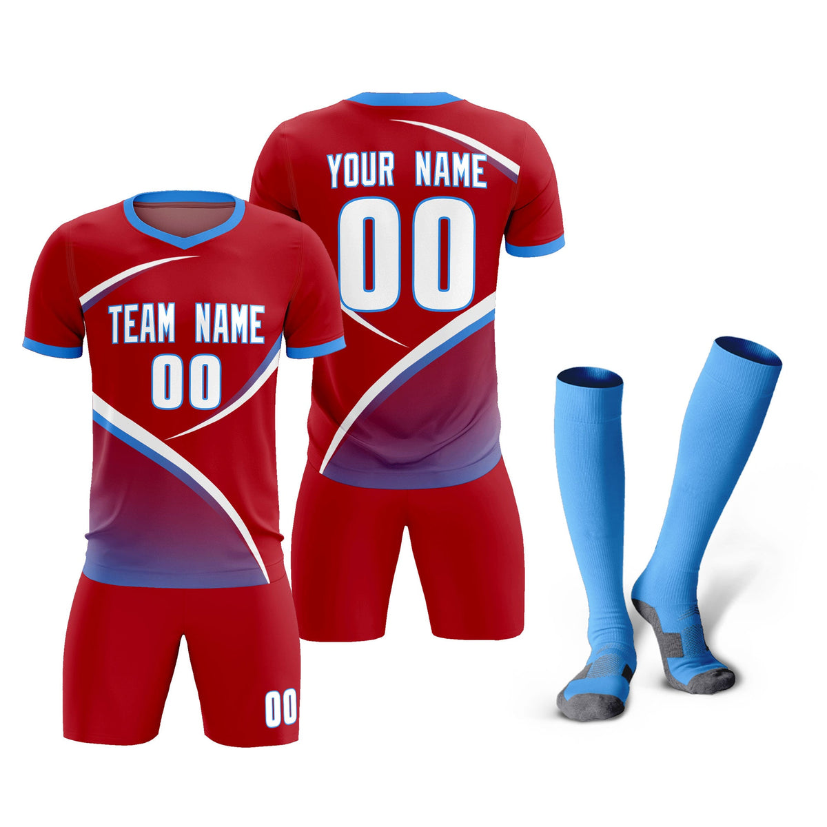Custom Red Powder Blue Color Block Training Uniform For Men Soccer Sets Jersey