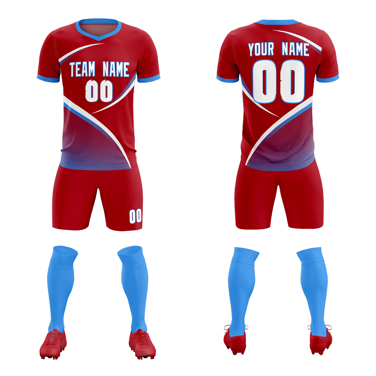 Custom Red Powder Blue Color Block Training Uniform For Men Soccer Sets Jersey