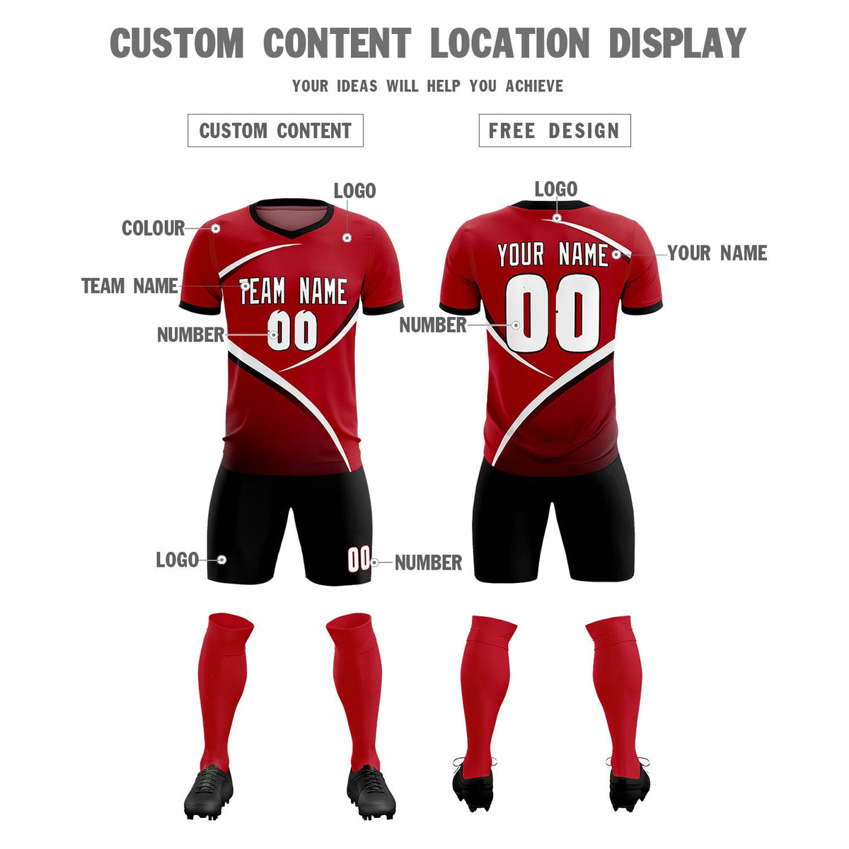 Custom Red Black Color Block Training Uniform For Men Soccer Sets Jersey