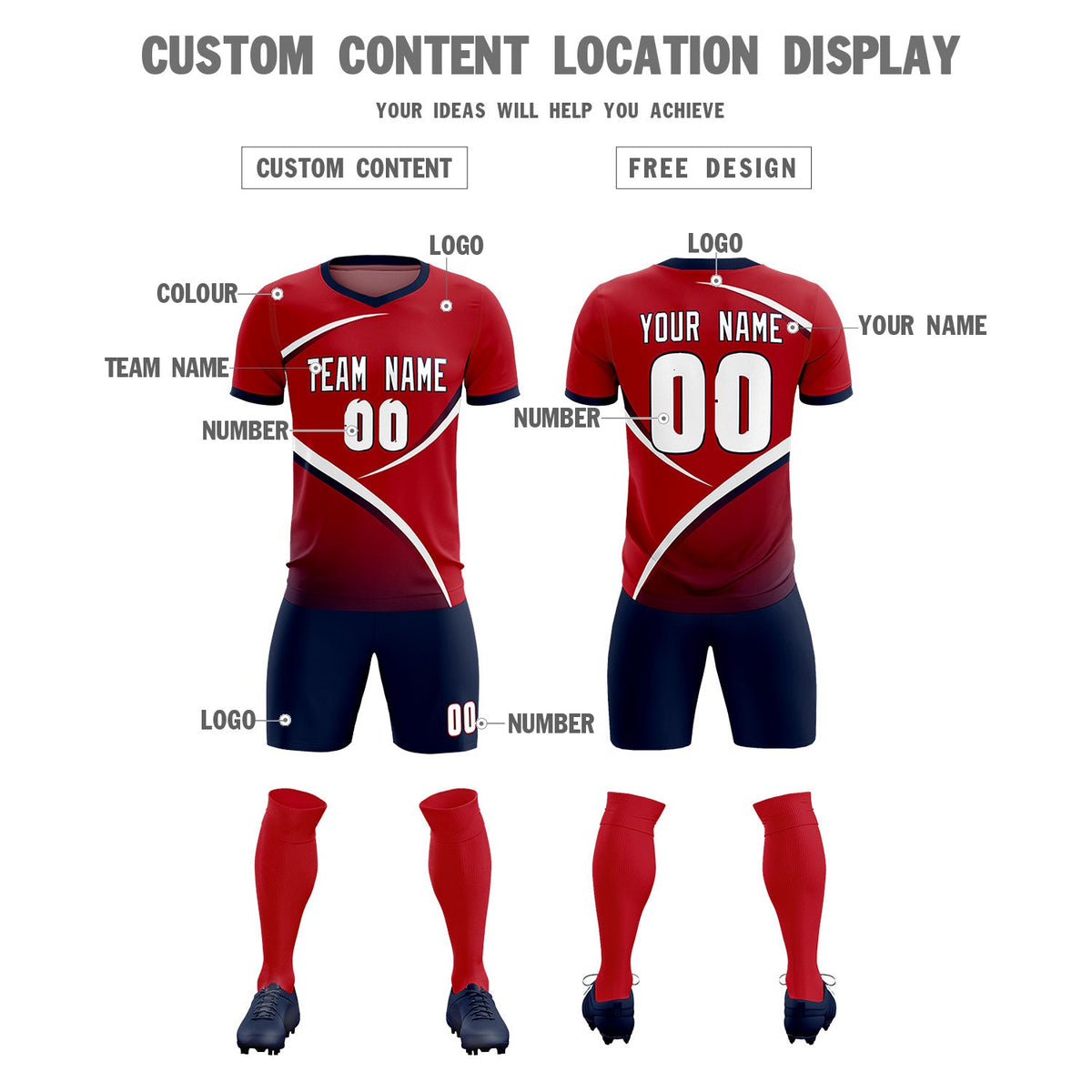 Custom Red Navy Color Block Training Uniform For Men Soccer Sets Jersey