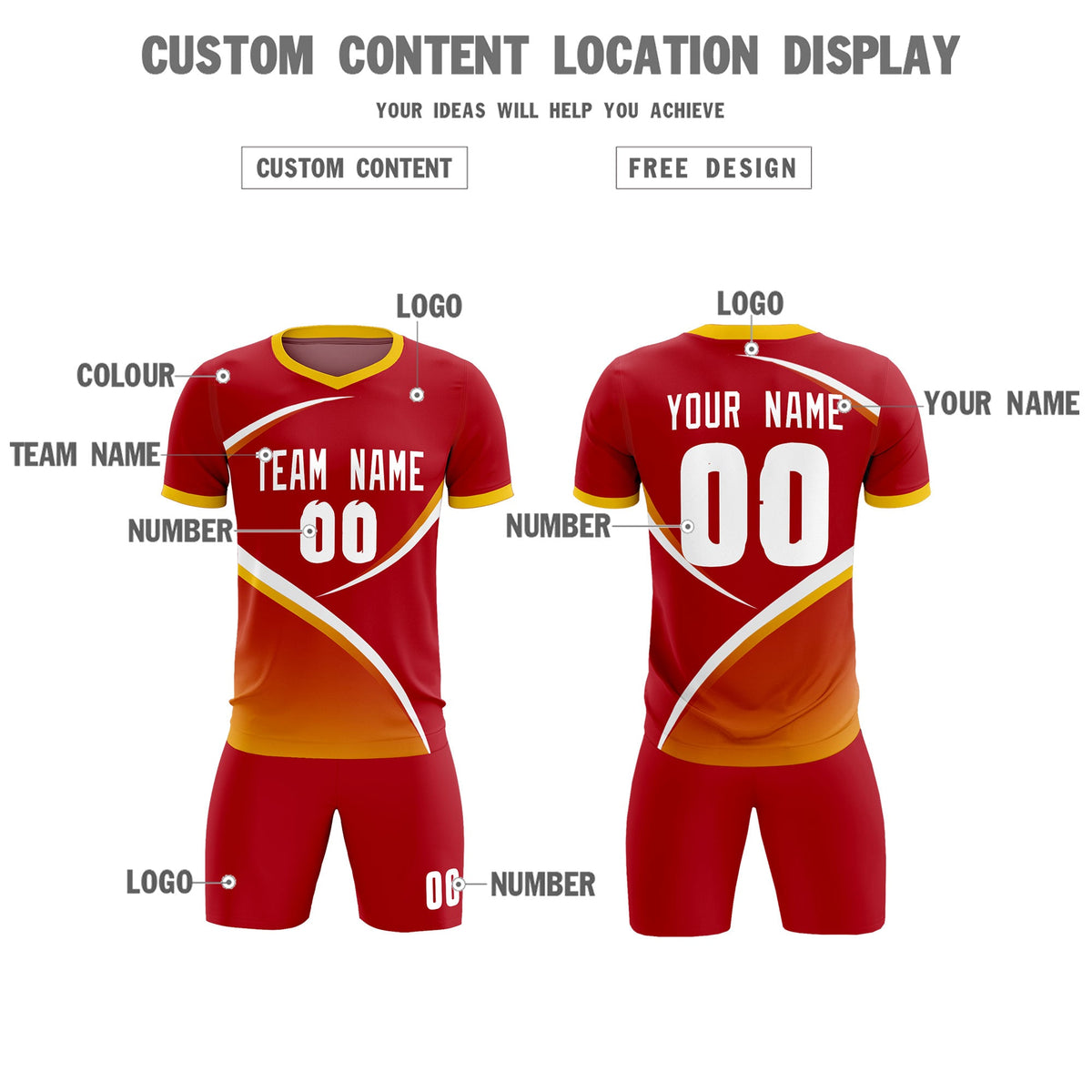 Custom Red Gold Color Block Training Uniform For Men Soccer Sets Jersey