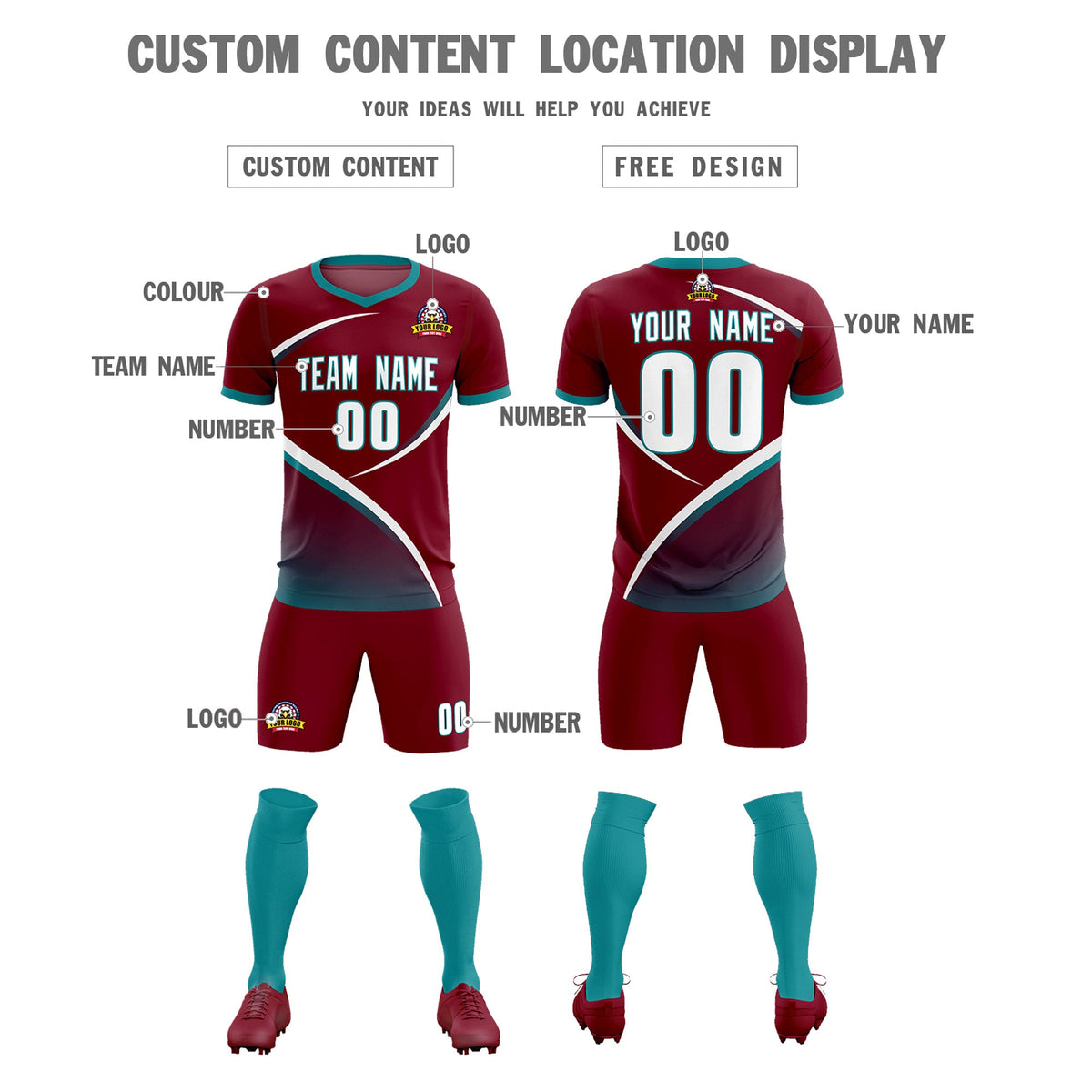 Custom Crimson Aqua Color Block Training Uniform For Men Soccer Sets Jersey