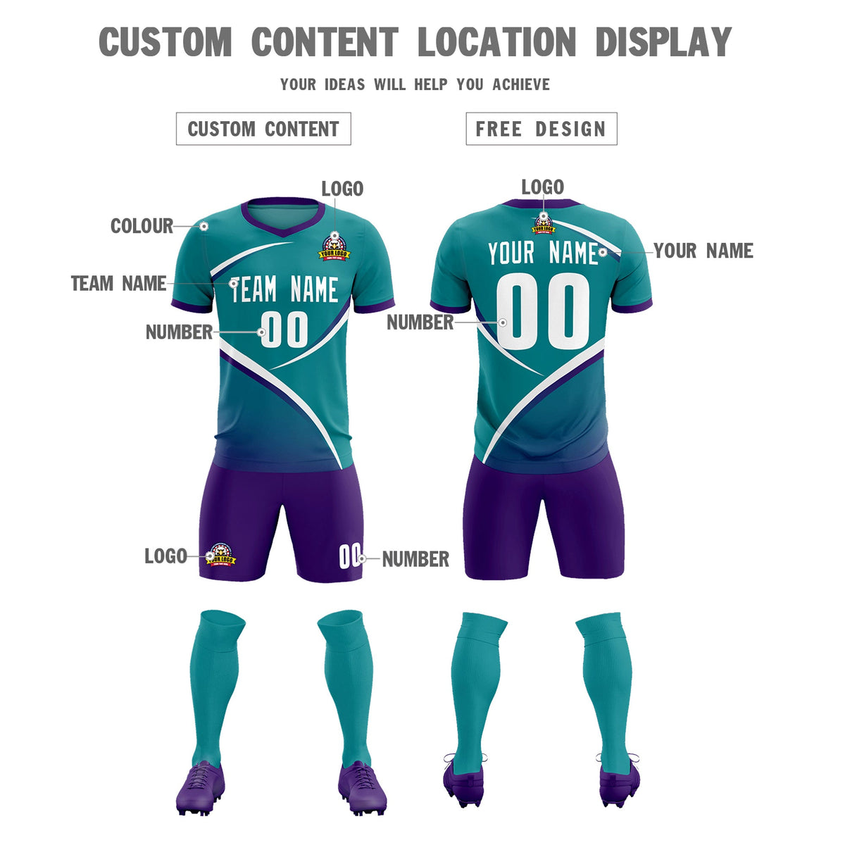 Custom Aqua Purple Color Block Training Uniform For Men Soccer Sets Jersey