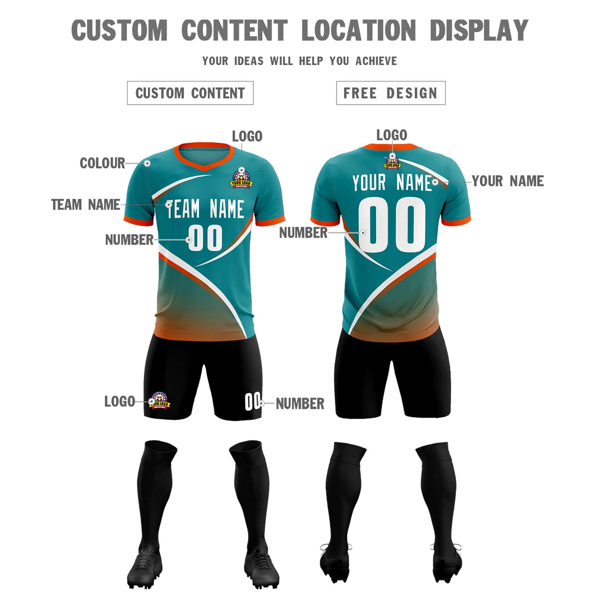 Custom Aqua Orange Color Block Training Uniform For Men Soccer Sets Jersey