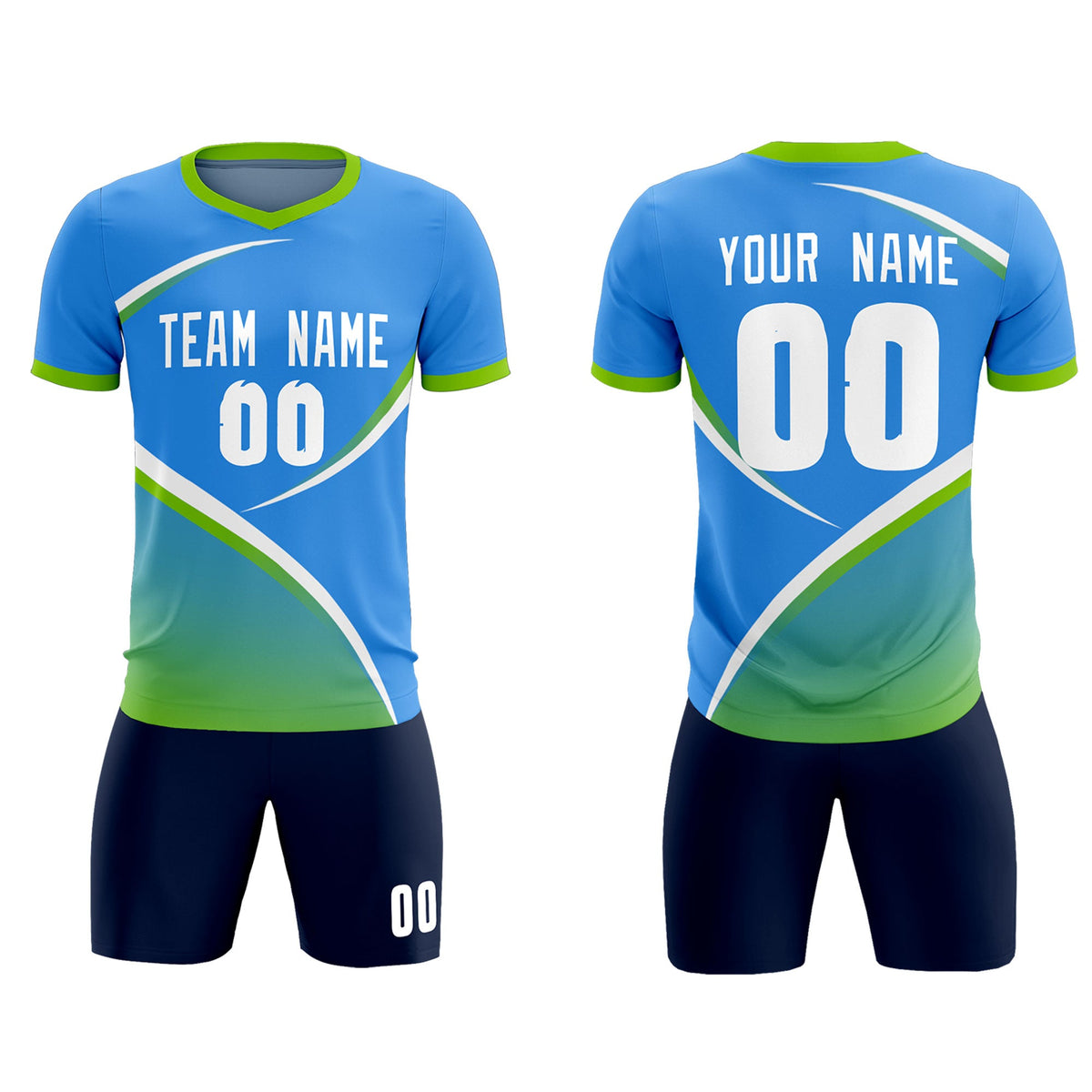 Custom Powder Blue Neon Green Color Block Training Uniform For Men Soccer Sets Jersey