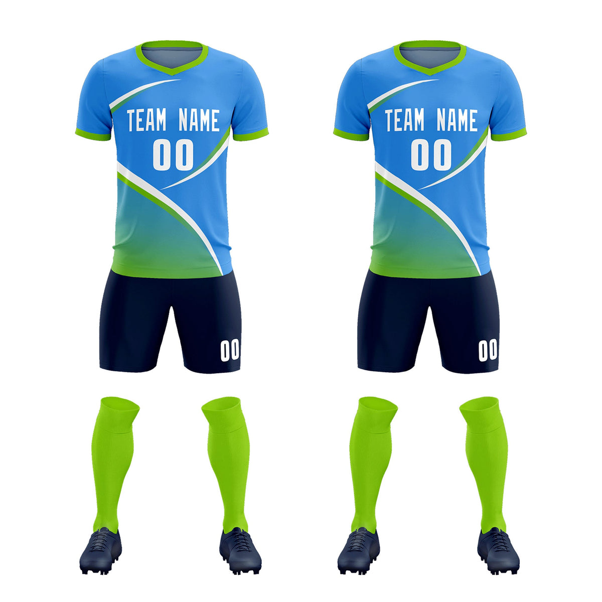 Custom Powder Blue Neon Green Color Block Training Uniform For Men Soccer Sets Jersey