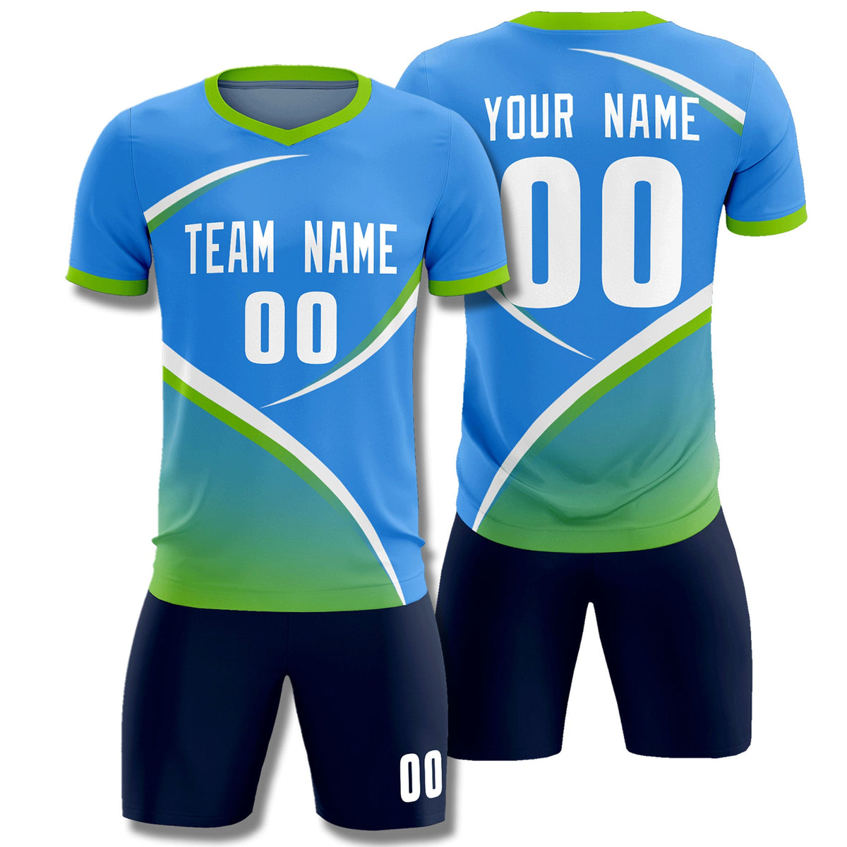 Custom Powder Blue Neon Green Color Block Training Uniform For Men Soccer Sets Jersey
