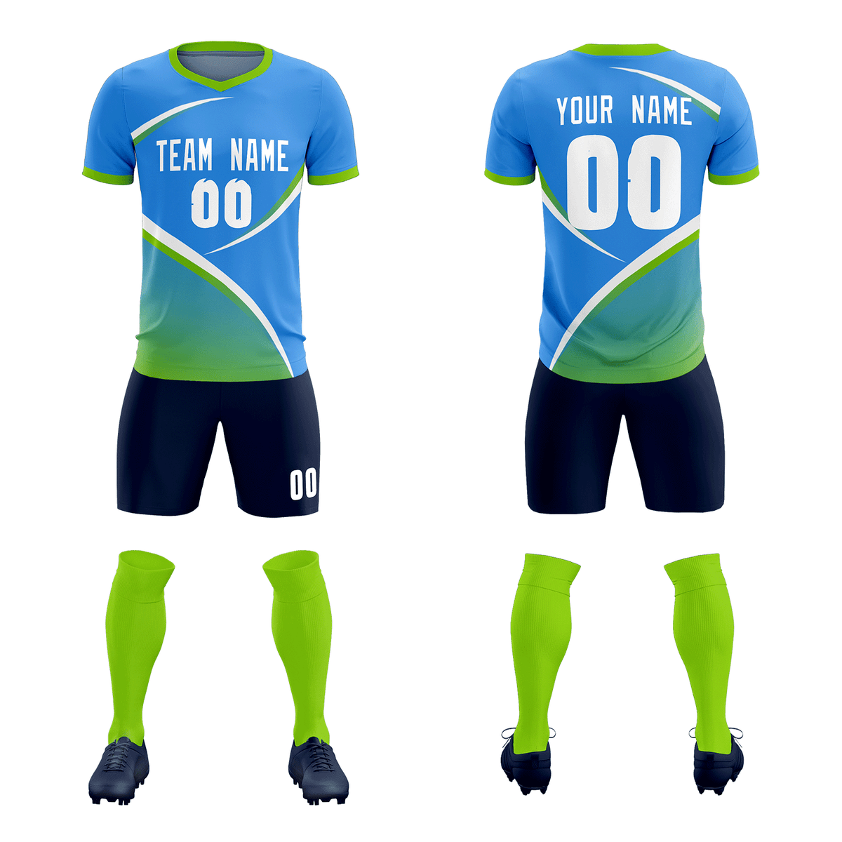 Custom Powder Blue Neon Green Color Block Training Uniform For Men Soccer Sets Jersey