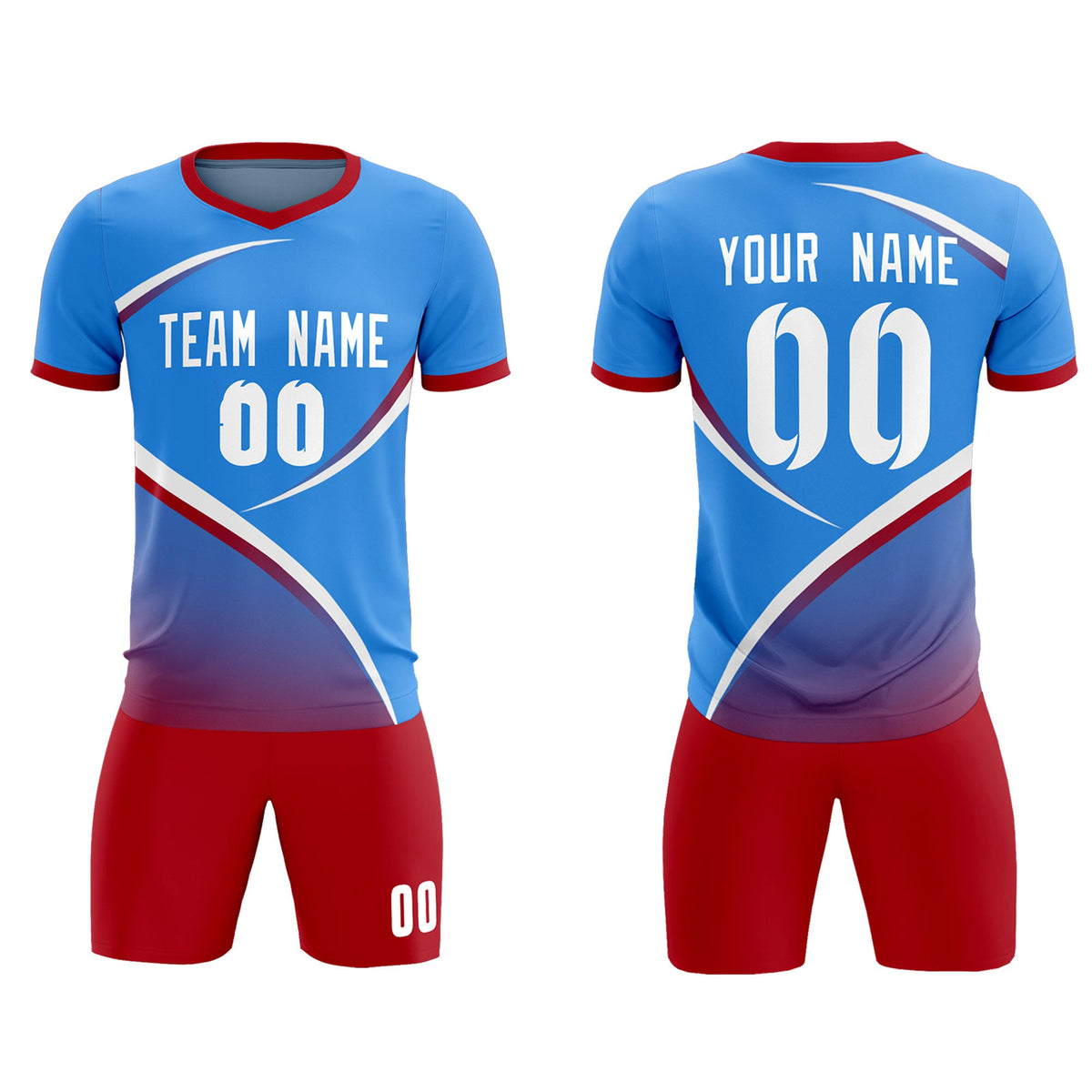 Custom Powder Blue Red Color Block Training Uniform For Men Soccer Sets Jersey