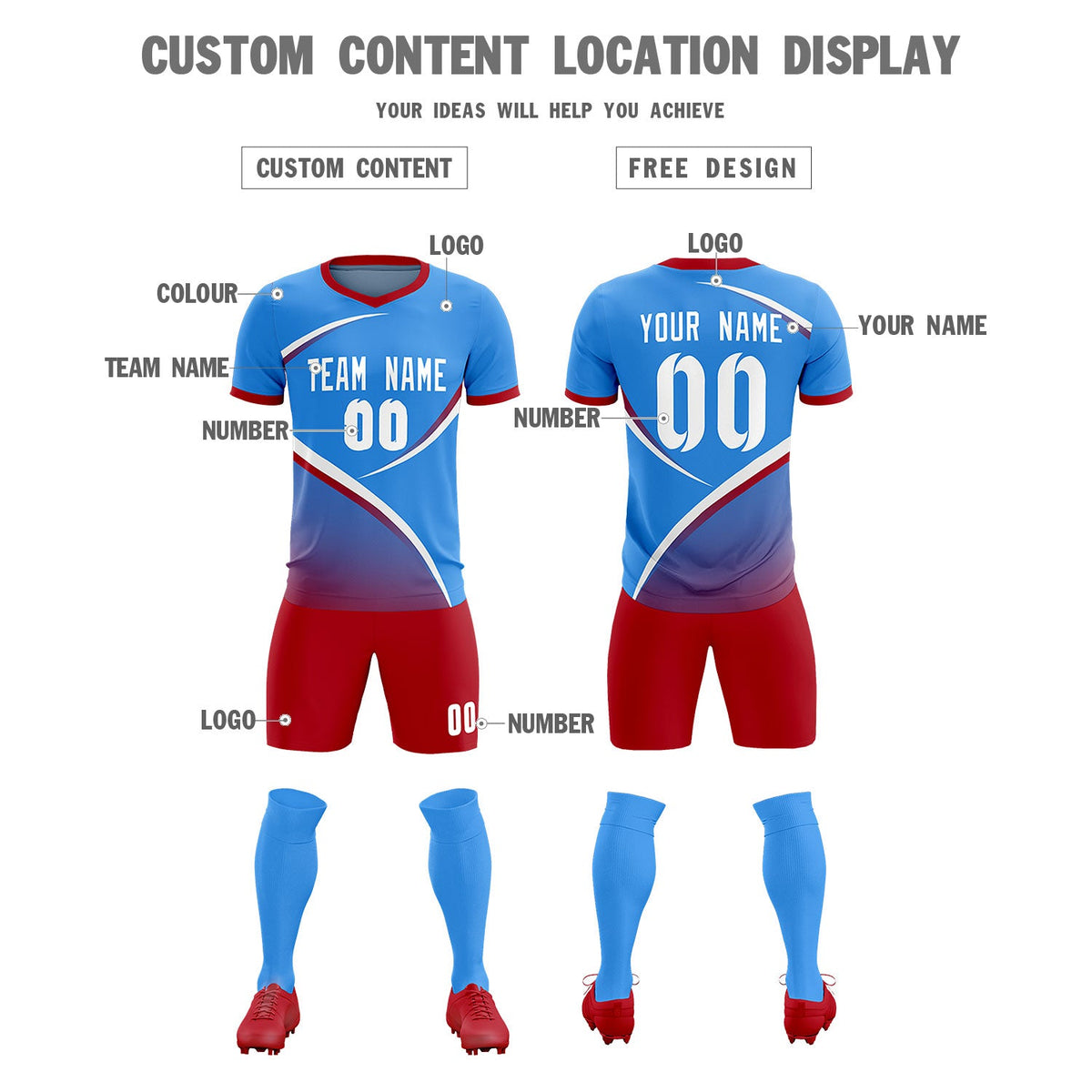 Custom Powder Blue Red Color Block Training Uniform For Men Soccer Sets Jersey