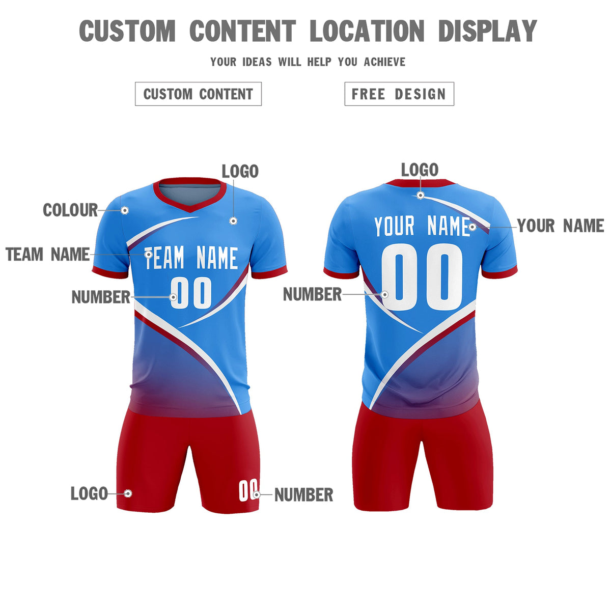 Custom Powder Blue Red Color Block Training Uniform For Men Soccer Sets Jersey