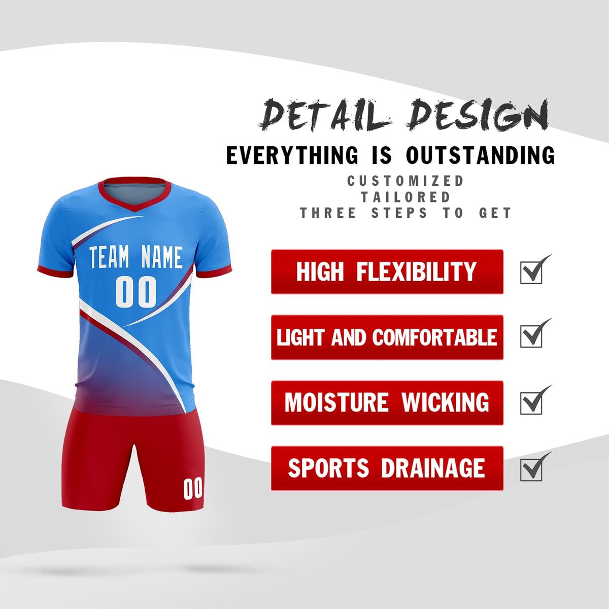 Custom Powder Blue Red Color Block Training Uniform For Men Soccer Sets Jersey