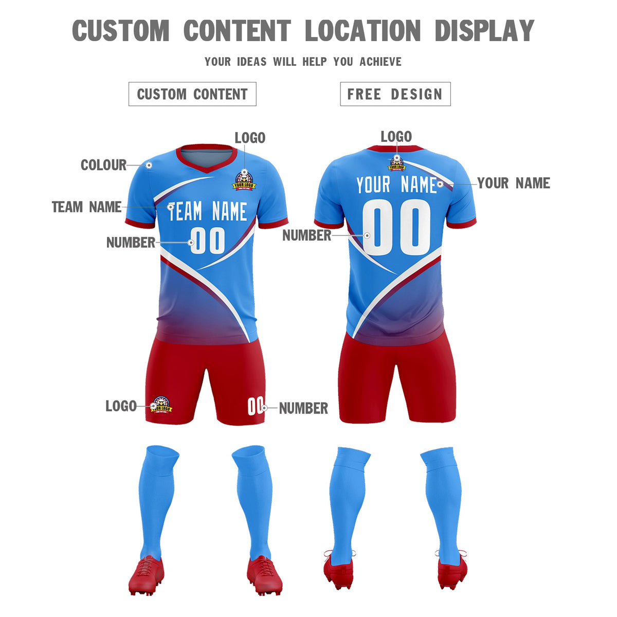 Custom Powder Blue Red Color Block Training Uniform For Men Soccer Sets Jersey