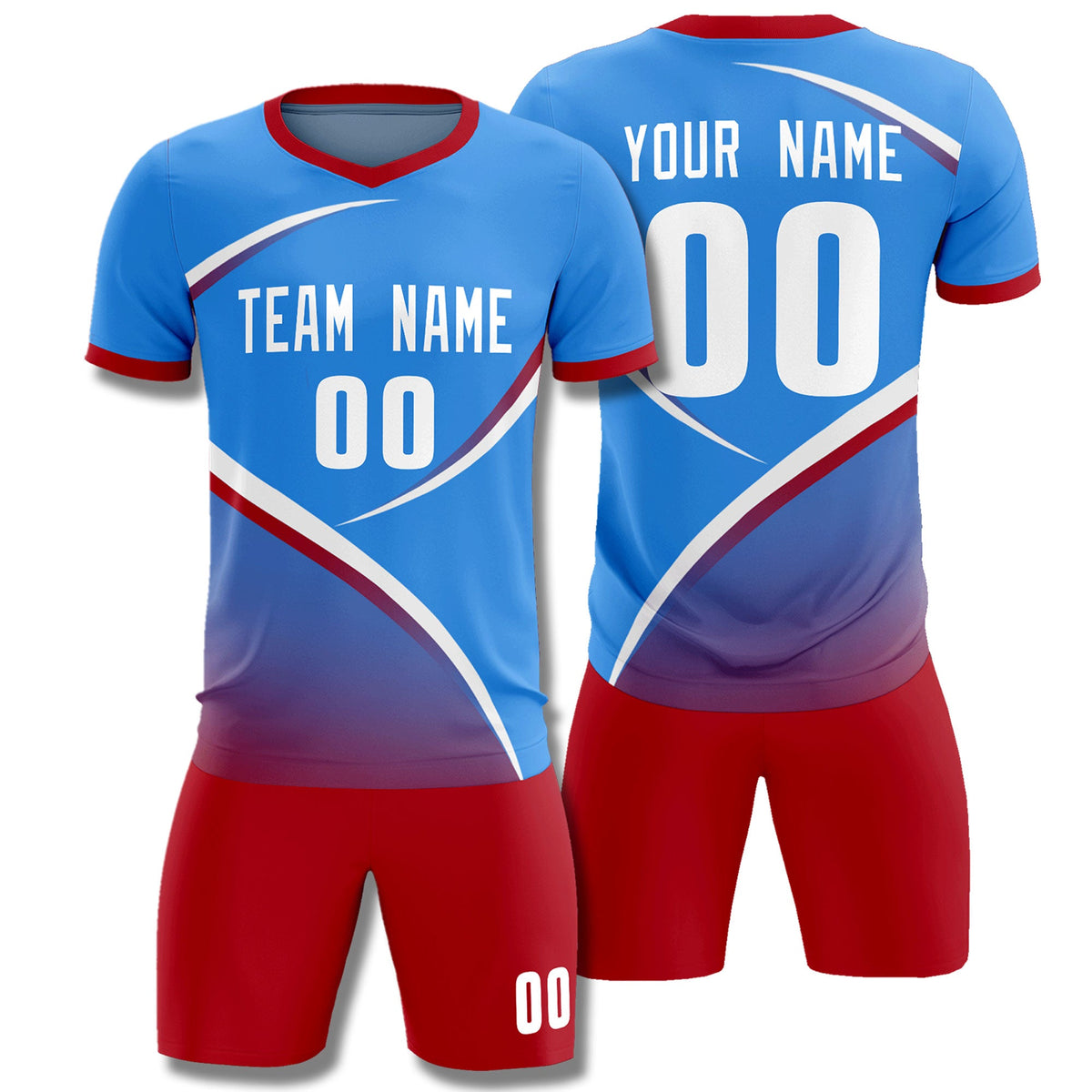 Custom Powder Blue Red Color Block Training Uniform For Men Soccer Sets Jersey