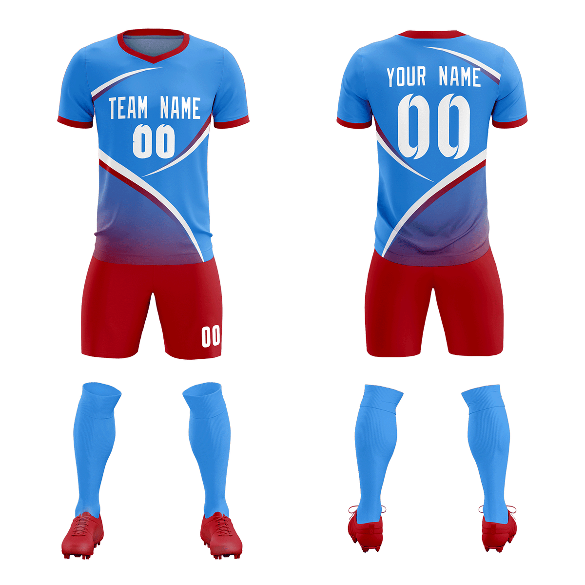 Custom Powder Blue Red Color Block Training Uniform For Men Soccer Sets Jersey