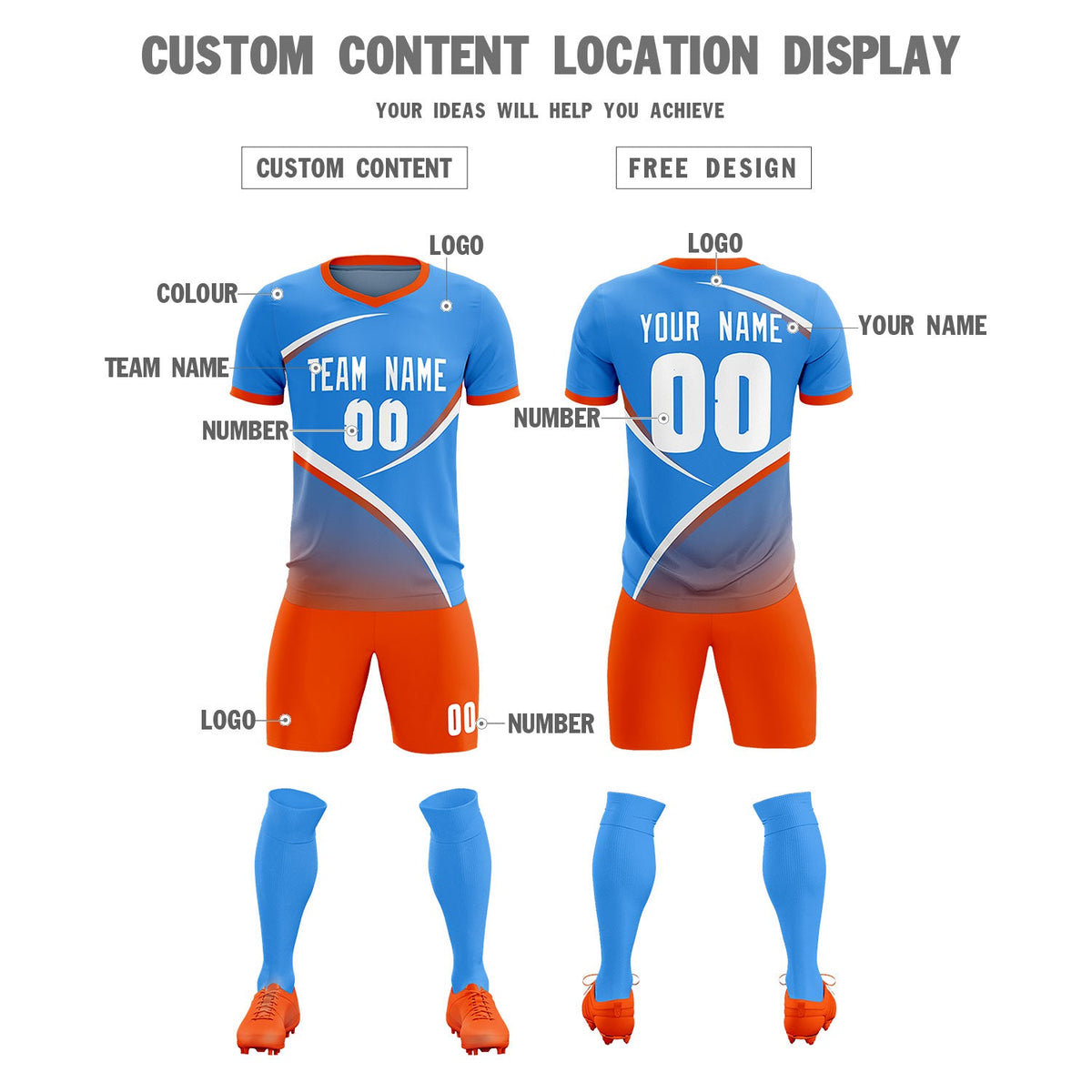 Custom Powder Blue Orange Color Block Training Uniform For Men Soccer Sets Jersey
