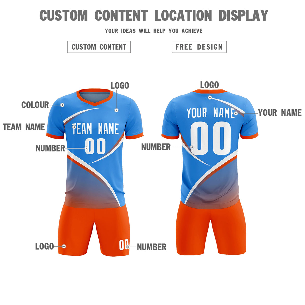 Custom Powder Blue Orange Color Block Training Uniform For Men Soccer Sets Jersey