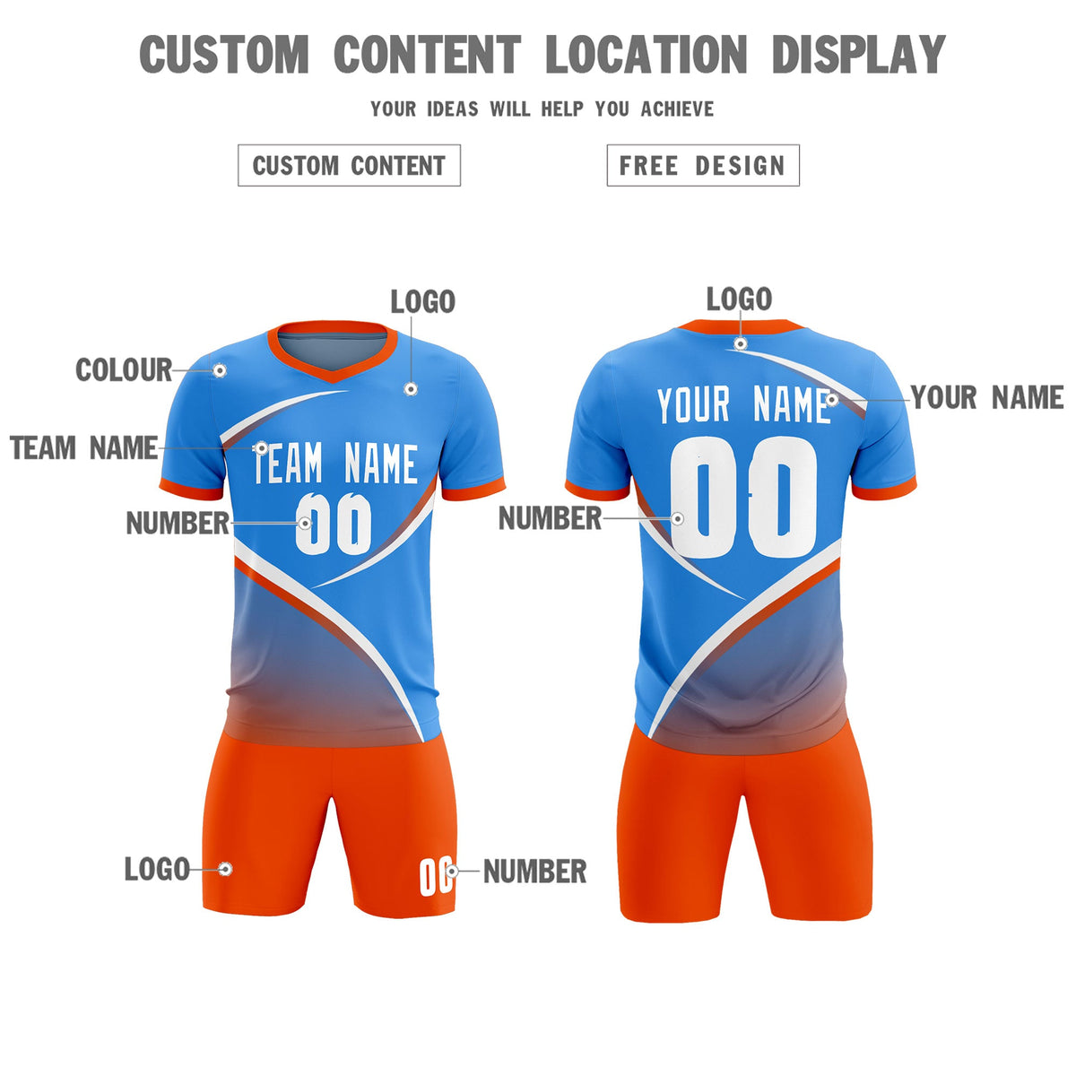 Custom Powder Blue Orange Color Block Training Uniform For Men Soccer Sets Jersey