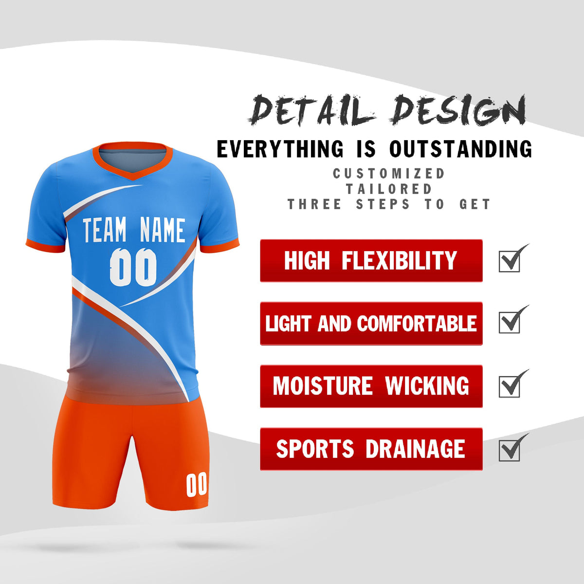 Custom Powder Blue Orange Color Block Training Uniform For Men Soccer Sets Jersey