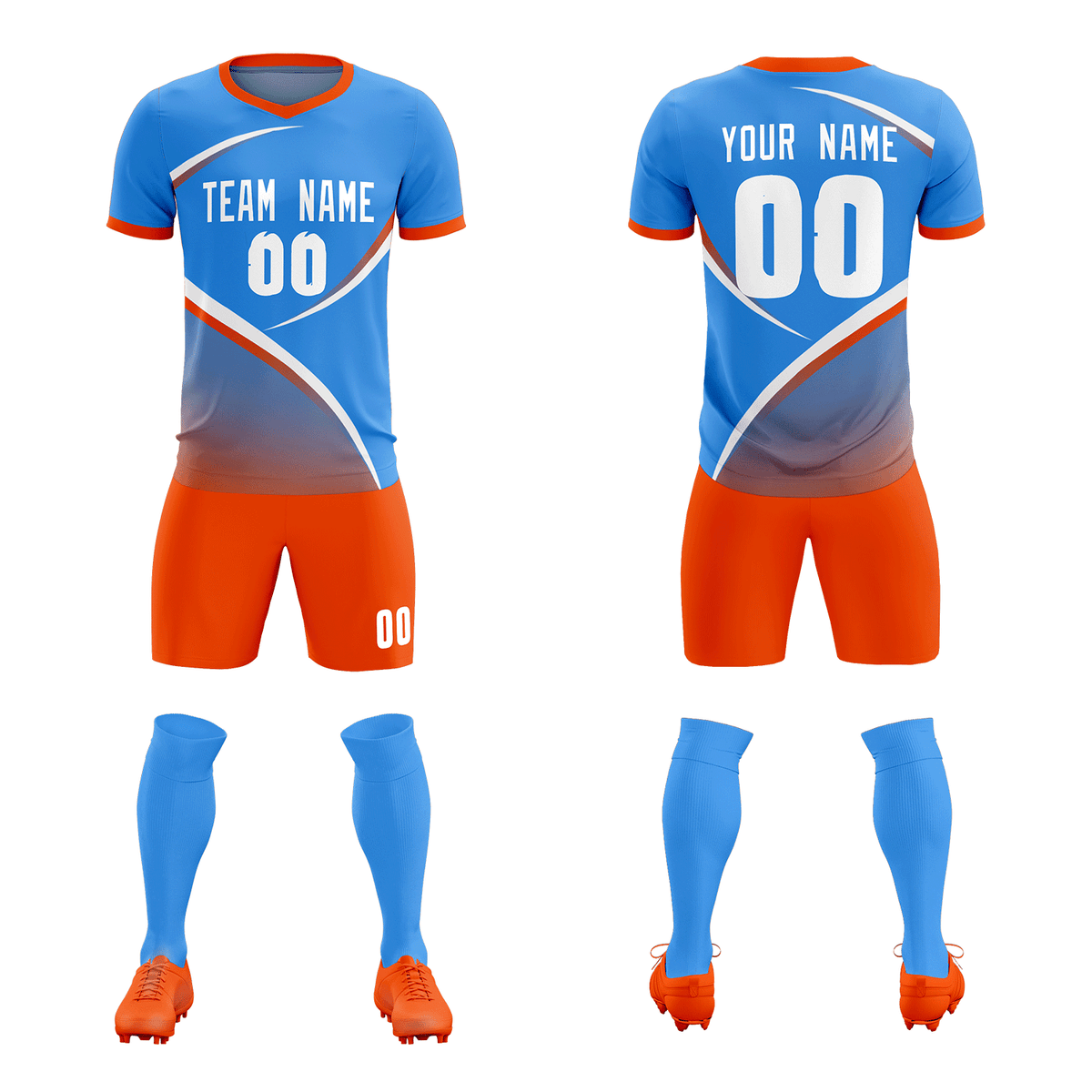 Custom Powder Blue Orange Color Block Training Uniform For Men Soccer Sets Jersey
