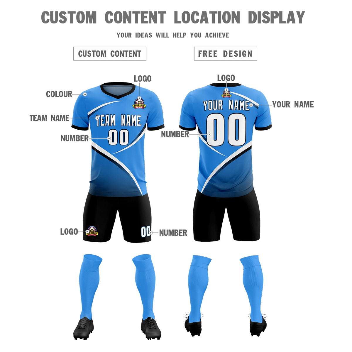 Custom Powder Blue Navy Color Block Training Uniform For Men Soccer Sets Jersey