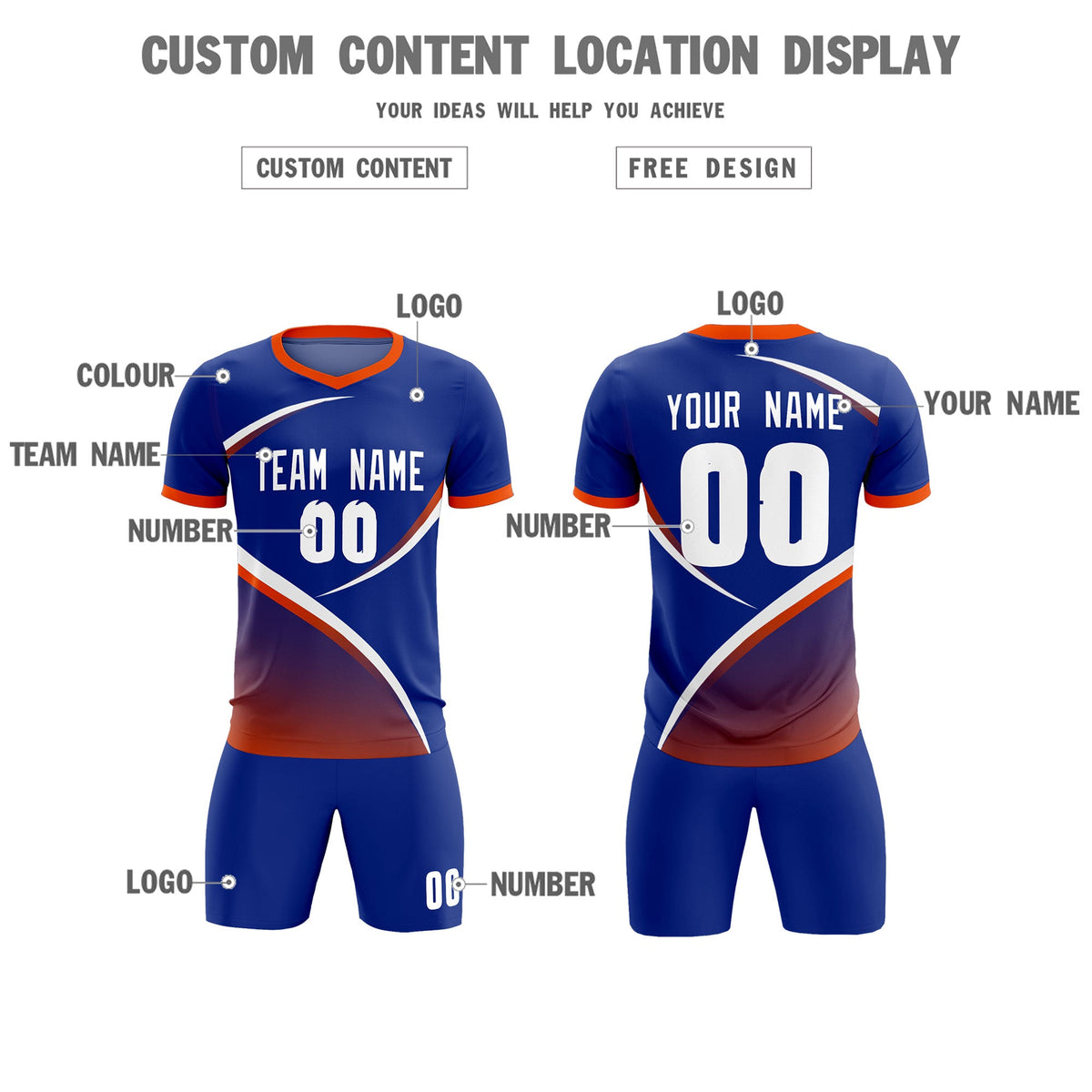 Custom Royal Orange Color Block Training Uniform For Men Soccer Sets Jersey