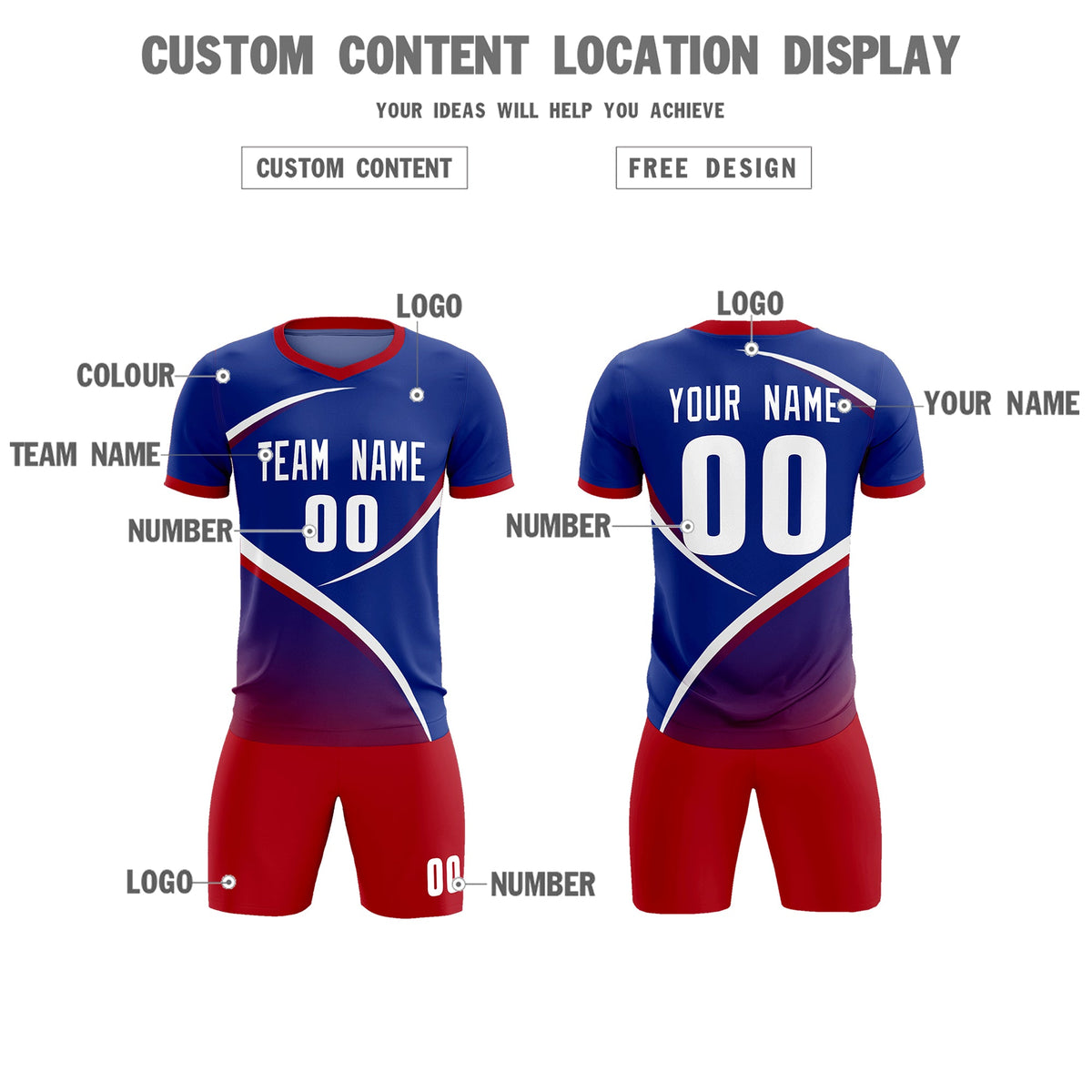 Custom Royal Red Color Block Training Uniform For Men Soccer Sets Jersey